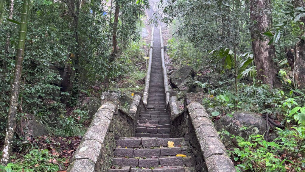 Ancient, weathered stone steps carved into the hillside leading up to the sacred Elamaldeniya temple in Southern Sri Lanka